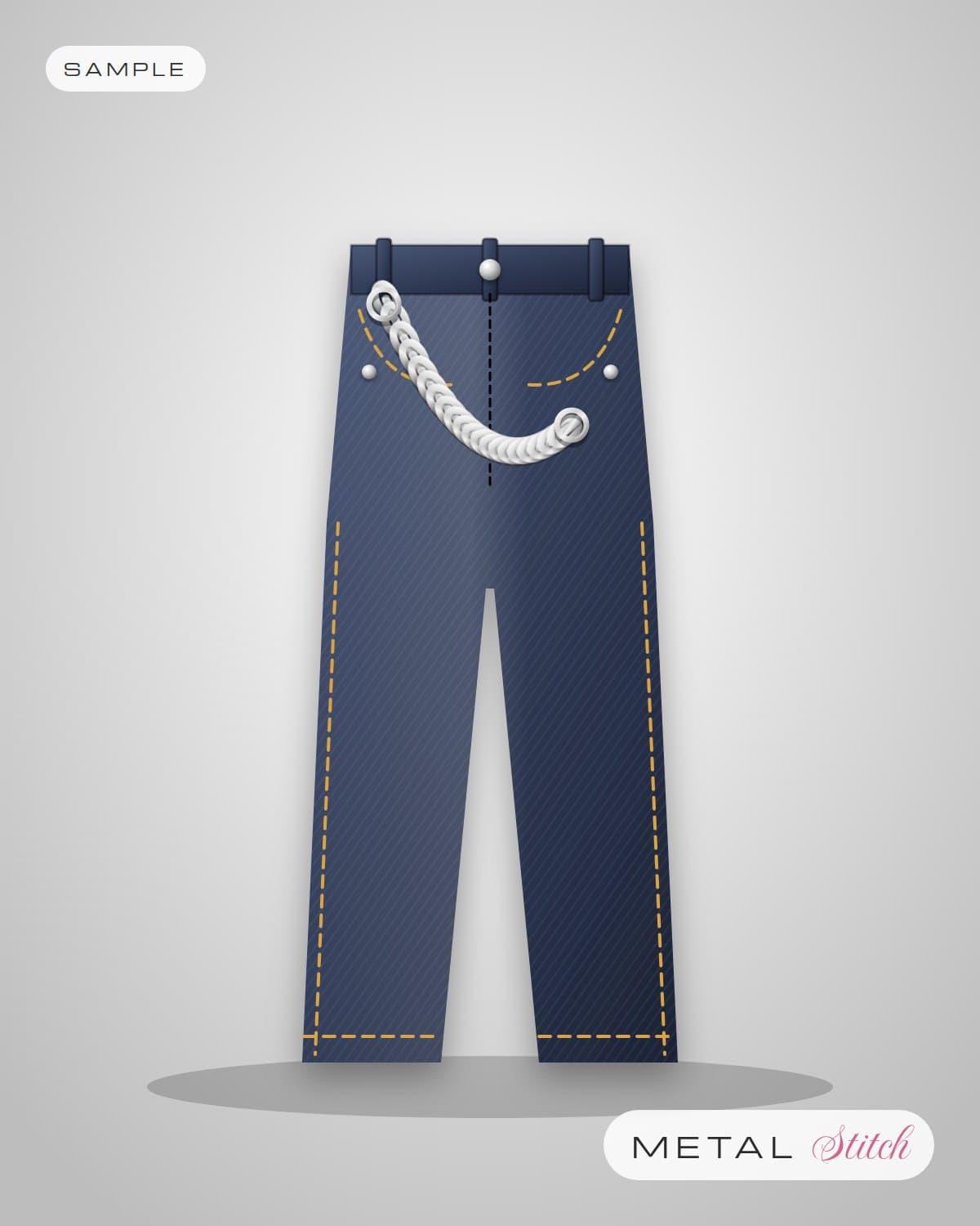 Sample illustration: Denim jeans with a chain from the belt loop to the pocket
